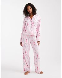 Loungeable - Christmas Super Soft Jersey Revere Top And Wide Leg Pyjama Set - Lyst