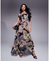 ASOS - Elegante Maxi Jurk Met Rechte Hals En Vergrote Bloemenprint - Lyst