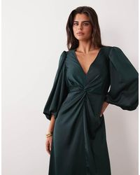 Y.A.S - Knot Front Volume Sleeve Satin Midi Dress - Lyst
