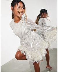 ASOS Long Sleeve Embellished Waisted Mini Dress With Feather Trim - Metallic