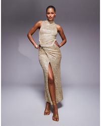 ASOS - Asos Design Tall Sequin High Neck Midi Dress With Twisted Cowl Skirt Detail - Lyst