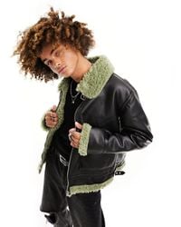 ASOS - Faux Leather Aviator Jacket With Green Contrast Shearling Collar - Lyst