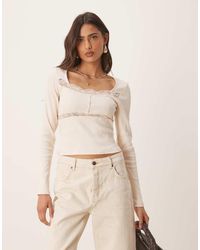 ASOS - Top A Maniche Lunghe Color Panna A Coste Con Bottoni E Dettagli - Lyst