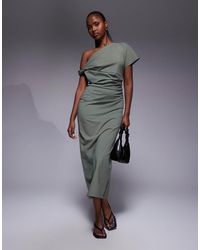 ASOS - Vestido Midi Con Detalle Retorcido En El Hombro De -Verde - Lyst