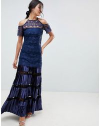 Body Frock Bodyfrock Cold Shoulder Lace Maxi Dress With Pleated Skirt - Blue