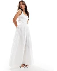 ASOS - Robe longue avec jupe en popeline et corsage côtelé à boutons et encolure dégagée - Lyst
