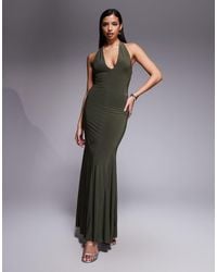 Fashionkilla - Exclusive Double Sculpted Slinky Plunge Halterneck Godet Hem Maxi Dress - Lyst