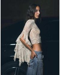 Bershka - High-Neck Lace T-Shirt With Frill Sleeves - Lyst