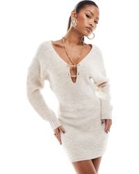 Aria Cove - Knit Rib Plunge Chain Detail Mini Jumper Dress - Lyst