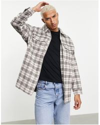 ASOS - Camicia giacca oversize effetto lana a quadri grigia ed écru con pannello a contrasto - Lyst