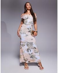 ASOS - – maxikleid aus netzstoff mit blumenmuster und asymmetrisch geschnittenem carmen-ausschnitt - Lyst