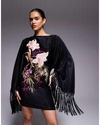 ASOS - Floral Embroidered Long Sleeve Mini Dress With Fringing - Lyst