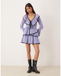 ASOS - V Neck Mini Smock Dress With Tie Bust And Contrast Velvet Trim - Lyst