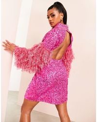 ASOS - Sequin Blazer Dress With Cut Out Back With Faux Feather Sleeve - Lyst