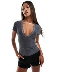 Fashionkilla - Double Layered Slinky Plunge Lace Trim T-Shirt - Lyst