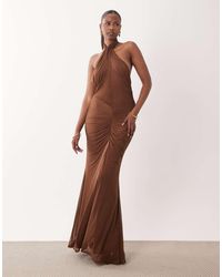 ASOS - Mesh Halter Neck Maxi Dress With Ruched Skirt - Lyst