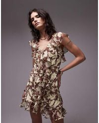 TOPSHOP - Mini-Jurk Met Ruches, Plat Gestikte Plooien En Bloemenprint - Lyst