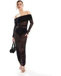 ASOS - Mesh Long Sleeve Bardot Super Ruched Midi Dress - Lyst