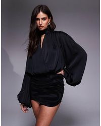 ASOS - Long Sleeve Blouson Plunge Mini Dress With Structured Skirt - Lyst