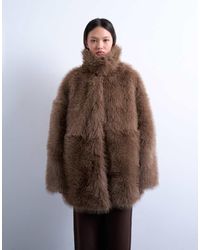 TOPSHOP - Faux Fur Funnel Neck Mid Length Coat - Lyst