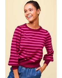 Aspiga - Ladies Sustainable Crew Neck Jumper Merino Wool Stripe Balloon Sleeve Wine - Lyst