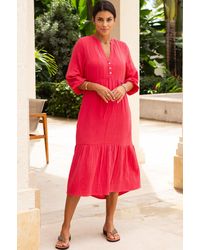 Aspiga - Ladies Sustainable Serena Cheesecloth Cotton Dress Summer Holiday Button Detailingred - Lyst