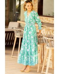 Aspiga - Sustainable Billie Block Print Organic Cotton Summer Wedding Guest Evening Dress Floral Printed - Lyst