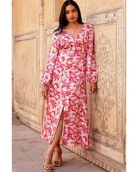 Aspiga - Ladies Sustainable Hannah Satin Viscose V Neck Long Sleeve Summer Wedding Guest Dress Floral Printed Cream - Lyst