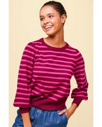 Aspiga - Ladies Sustainable Crew Neck Jumper Merino Wool Stripe Balloon Sleeve Wine - Lyst