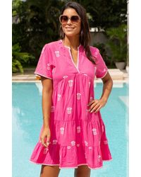 Aspiga - Ladies Sustainable India Embroidered Dress Organic Cotton Short Sleeve Summer Holiday Beach Cover Up Mini Strawberry Embroidery - Lyst