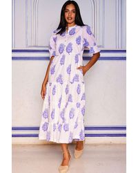 Aspiga - Sustainable Cordelia Organic Cotton Block Print Summer Wedding Guest Evening Dress Floral Printed - Lyst