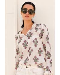 Aspiga - Ladies Sustainable Rosie Cotton Blouse Floral Block Print Broderie Lace Trim Cream - Lyst