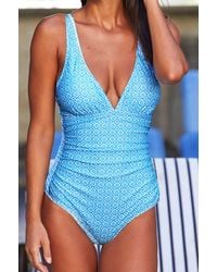 Aspiga - Ladies Sustainable Recycled Nylon V-Neck Ruched Swimsuit Adjustable Straps Stamp Aztec Pattern Xs-Xl - Lyst