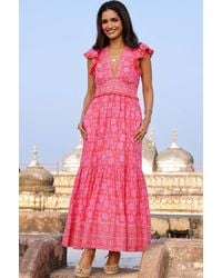Aspiga - Sustainable Pippa Organic Cotton Block Print Summer Wedding Guest Evening Dress Floral Printed - Lyst