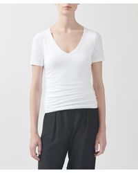 ATM Pima Cotton Short Sleeve V-neck Ruched Top - White