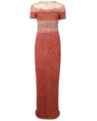 Pamella Roland Coral Ombre Sequin Embroidered Gown - Orange