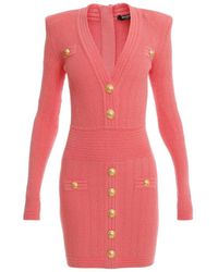 Balmain - Long Sleeve V Neck Knit Mini Dress - Lyst