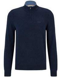 BOSS by HUGO BOSS Zip-neck Sweater In Virgin Wool And Organic Cotton in Dark Blue for Men Blue Mens Clothing Sweaters and knitwear Zipped sweaters 