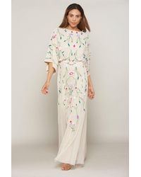 Frock and Frill Zinnia Floral Embroidered Maxi Dress With Batwing Sleeves - Natural