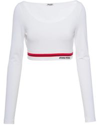 Miu Miu Cotton Embellished Logo-embroidered Cropped Top in White Womens Clothing Tops Long-sleeved tops 