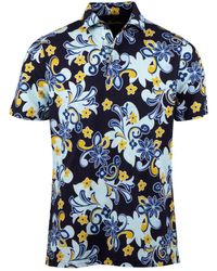 Stenströms Flower Printed Retro Piquet Cotton Polo Shirt 4400792468181 - Blue