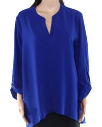 Gibson Blouse Cobalt Large L Crepe Roll Tab Sleeve - Blue