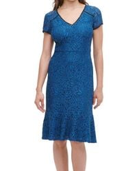 kensie Printed Lace-Trim Dress Blue Multi XS