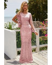 Azura Exchange Sequin Fringe Sleeve Party Maxi Evening Dress - Pink