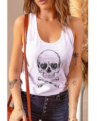 DOLDOA Women Skull Print Vest Tank Tops Lace Back Shirt 
