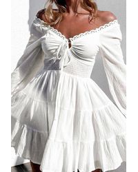Azura Exchange V Neck Pleated Lace Layered Swing Mini Dress - White