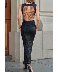 Azura Exchange Deep V Neck Sleeveless Patterned Long Sequin Dress - Black