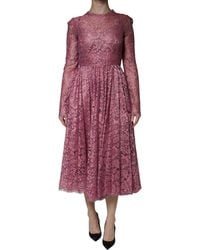 Dolce & Gabbana - Pink Floral Lace Long Sleeve Midi Dress - Lyst