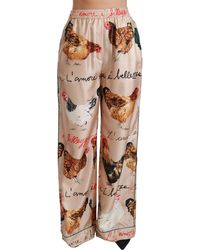 Dolce & Gabbana Hen Chicken Silk Pajama Trouser Pants - Natural