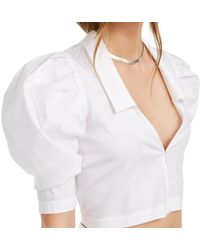 Danielle Bernstein Blouse Size Xl Puff-sleeve Cropped - White